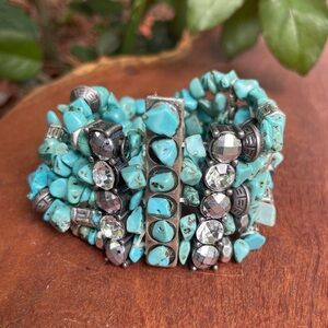 A unique Turquoise Chip and Silver Bracelet with Rhinestone Accents